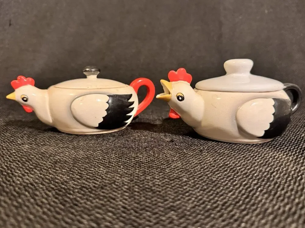 Vintage Coq Rouge Rooster Ceramic Creamer & Sugar Bowl Lidded MCM Kitchen Set